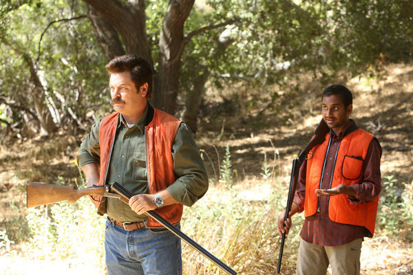 Still of Nick Offerman and Aziz Ansari in Parks and Recreation: Sex Education (2012)