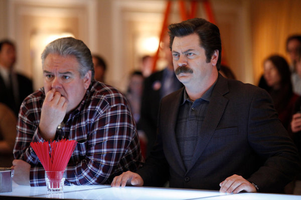 Still of Jim O'Heir and Nick Offerman in Parks and Recreation (2009)