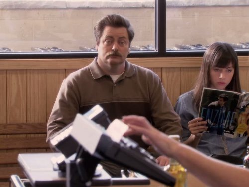 Still of Nick Offerman and Aubrey Plaza in Parks and Recreation (2009)