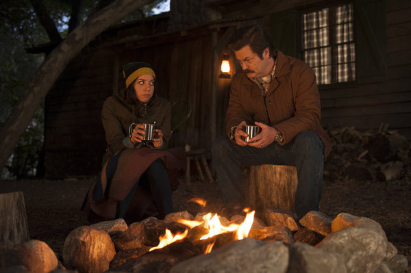 Still of Nick Offerman and Aubrey Plaza in Parks and Recreation (2009)