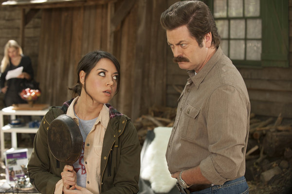 Still of Nick Offerman and Aubrey Plaza in Parks and Recreation (2009)