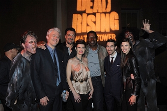 (L-R-) Producer Tim Carter, actors Aleks Paunovic, Dennis Haysbert, Carrie Genzel, director Zach Lipovsky and Meghan Ory attend the premiere of Crackle's 'Dead Rising: Watchtower' after party at Sony Pictures Studio on March 11, 2015 in Culver City, Cali
