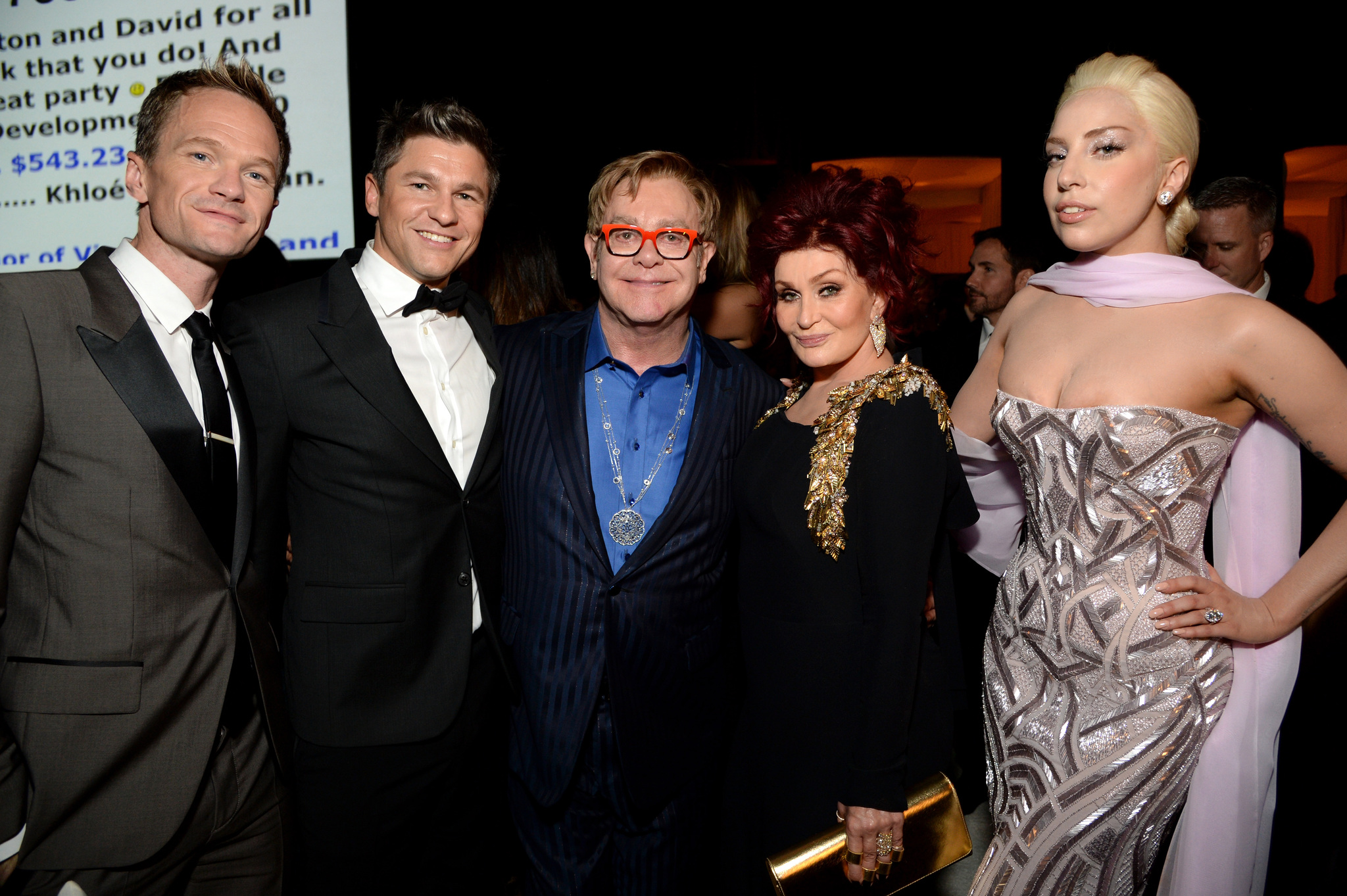 Neil Patrick Harris, Elton John, David Burtka, Sharon Osbourne and Lady Gaga