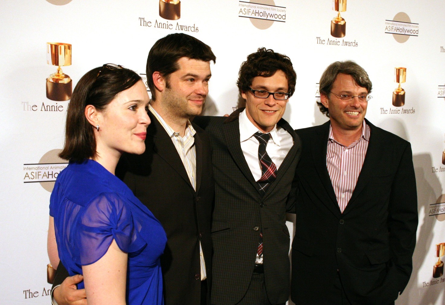 Studio execs Hannah Minghella and Bob Osher flank directors of Cloudy with a Chance of Meatballs, Phil Lord and Chris Miller