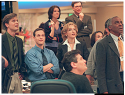 SPORTS NIGHT left to right: Peter Krause, Josh Charles, Sabrina Llyod, Felicity Huffman, Ron Ostrow, Joshua Malina, Robert Guillaume