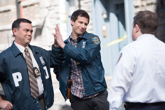 Still of Joe Lo Truglio, Patton Oswalt and Andy Samberg in Brooklyn Nine-Nine (2013)