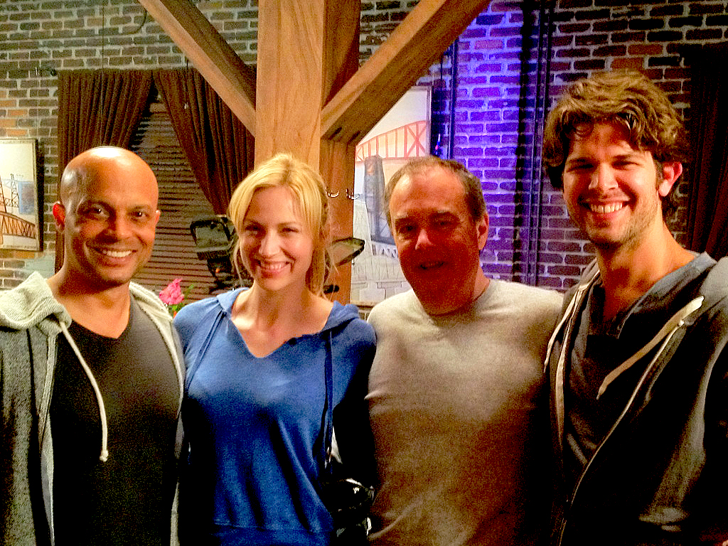 David Paladino on the set of TNT's Leverage with Series Regular Beth Riesgraf, director John Harrison and fellow Guest Star, Taylor Anthony Miller.