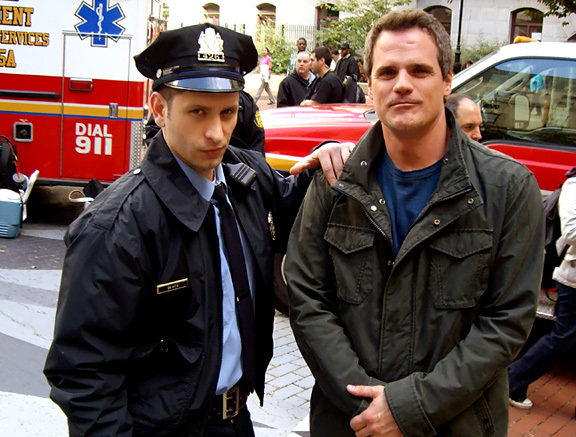 Damien Colletti (Officer Daniel Devito) and Michael Park (Jack Snyder) on the set of AS THE WORLD TURNS.