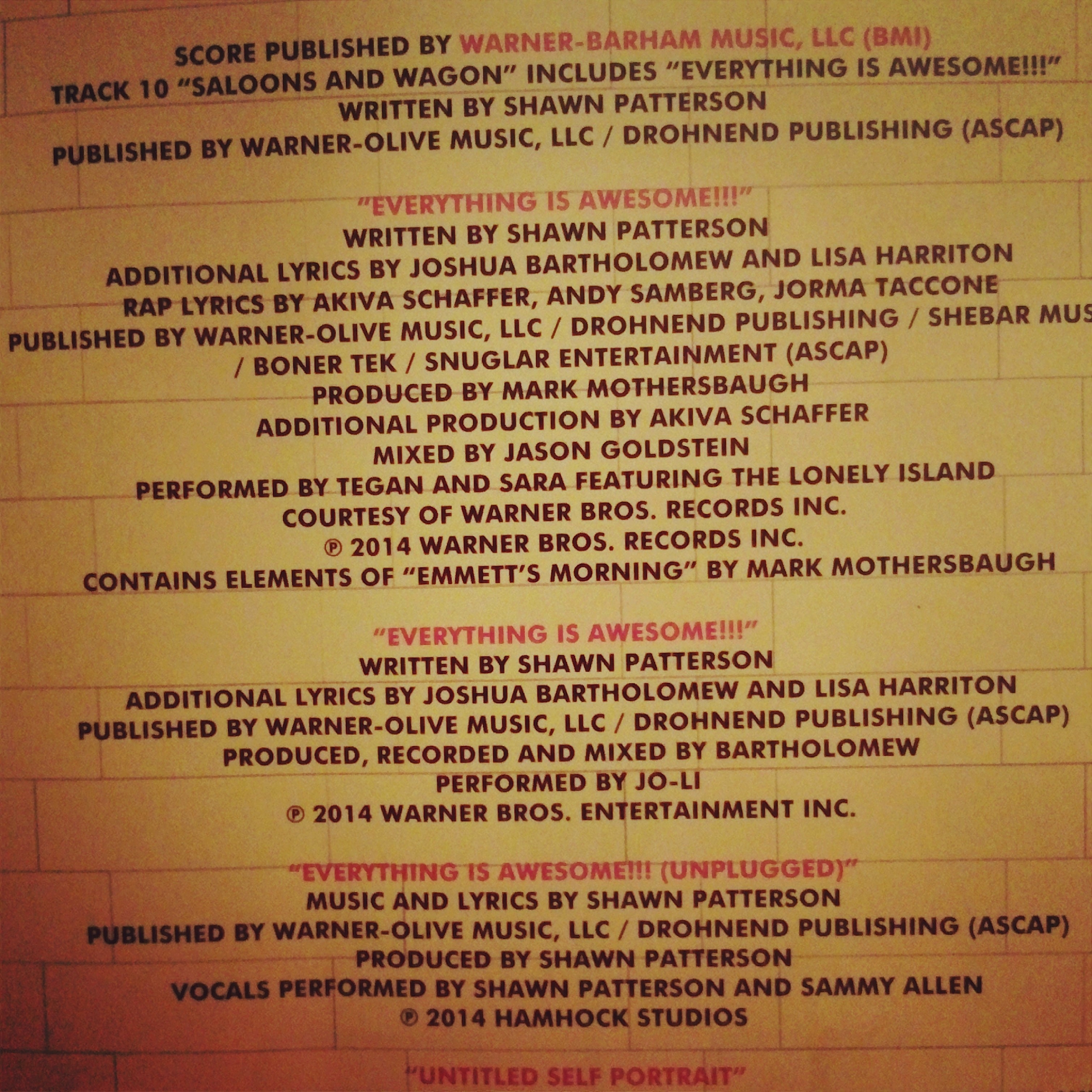 Official Lego Movie Soundtrack credits.