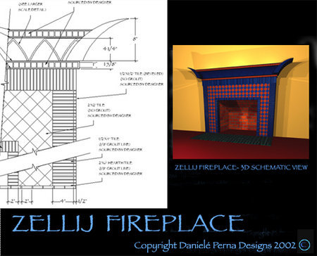 Zellij Fireplace construction document and 3D schematic view. Fireplace designed by Daniele Perna. As seen on Sheila Bridges Designer Living: Daniele Perna, Robert D. Nelson. Season 4, Episode 12