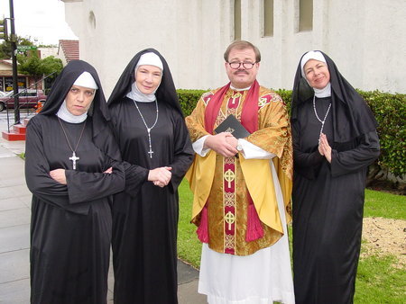 Beth Gargan, Barbara A. Fisher, John Richard Petersen and Rhoda Pell on the set of NUN FU