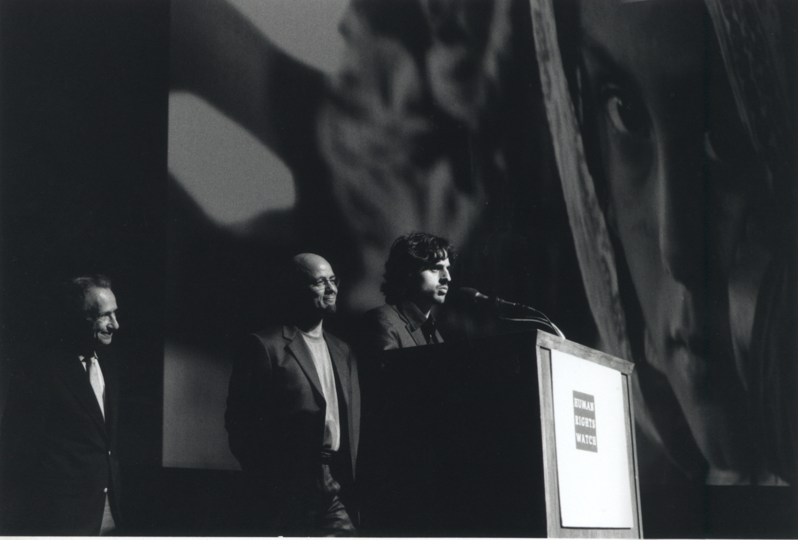 Arthur Penn (left) presents to Giuseppe Petitto (right) the Human rights Watch Nestor Almendros Award for courage and commitment in human rights filmmaking. Lincoln Centre, New York