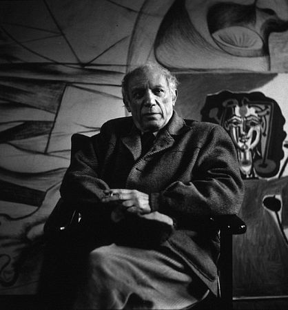 Pablo Picasso sitting in his studio, circa 1950. Modern silver gelatin, 14x11. $600 © 1978 Sanfrod Roth / LACMA MPTV