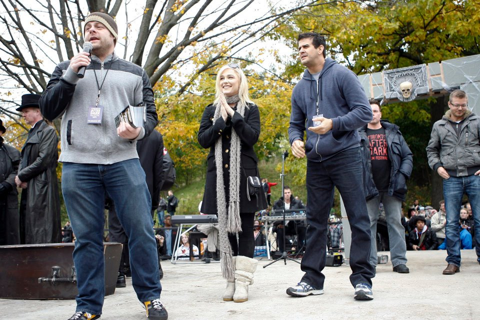 Brett Pierce leads opening ceremonies for largest zombie walk in the world, in Toronto during the Toronto After Dark Film Festival - 2011. (from left) Brett Pierce, Natalie Victoria, Markus Taylor DEADHEADS - Canadian Premiere*