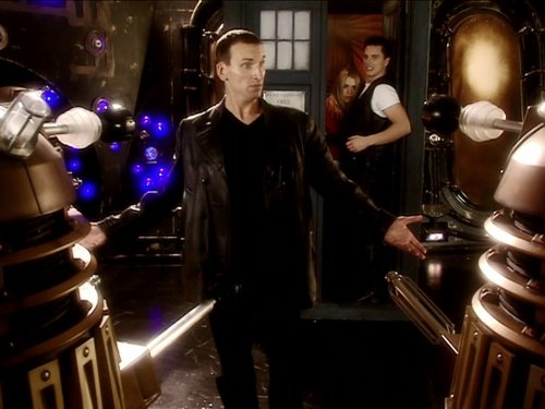 Still of Christopher Eccleston, John Barrowman and Billie Piper in Doctor Who (2005)