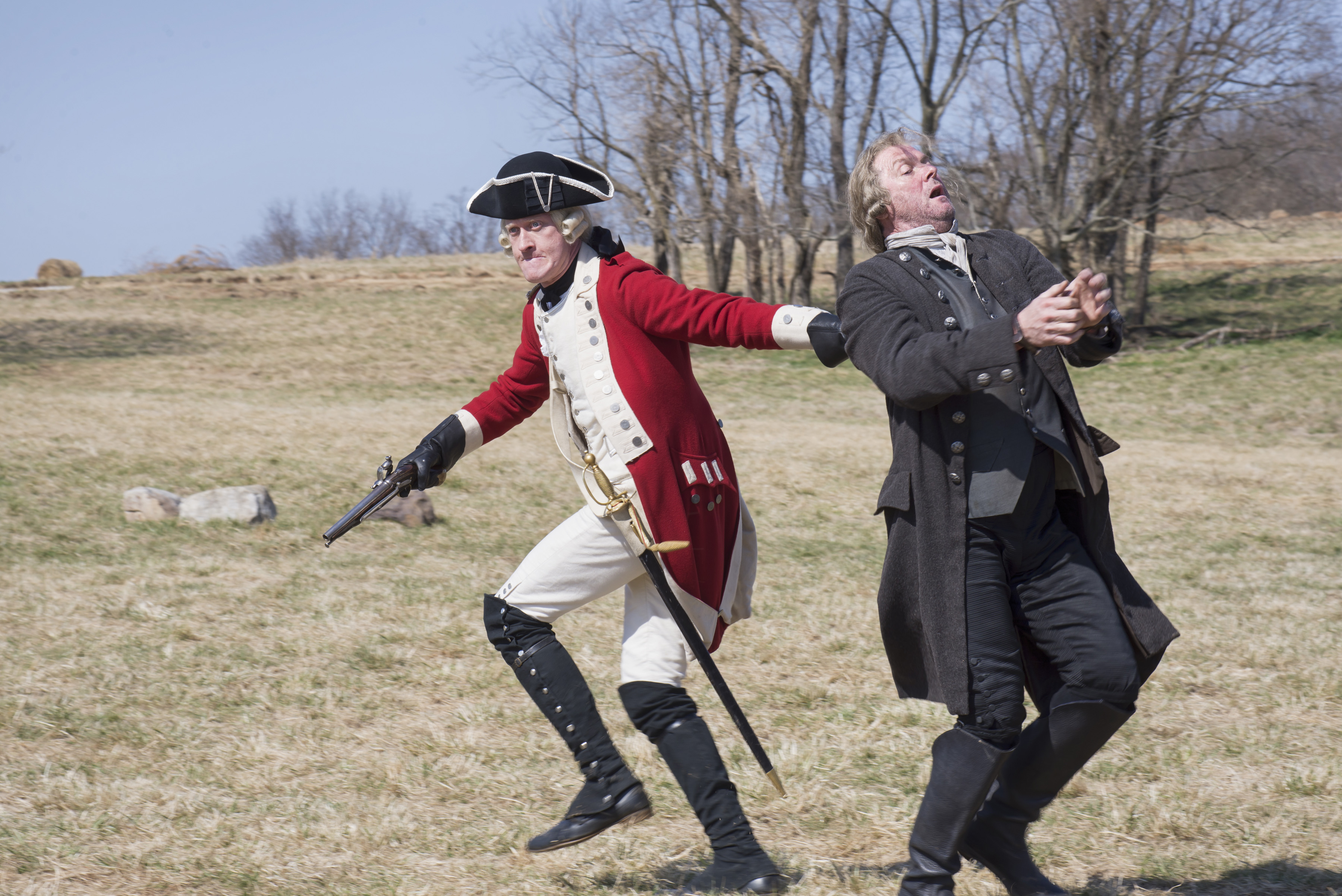 Captain Simcoe uses Reverend Tallmadge as a Human Shield during the Continental Attack. As played by Samuel Roukin and Boris McGiver