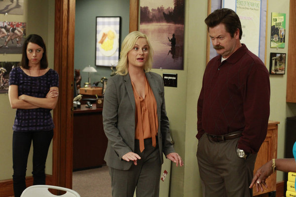 Still of Nick Offerman, Amy Poehler and Aubrey Plaza in Parks and Recreation (2009)