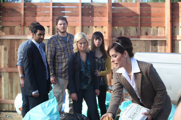 Still of Parker Posey, Amy Poehler, Chris Pratt, Aziz Ansari and Aubrey Plaza in Parks and Recreation (2009)