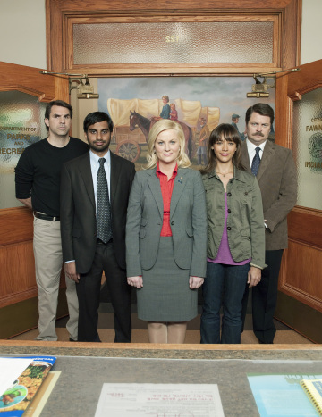 Still of Rashida Jones, Nick Offerman, Amy Poehler, Paul Schneider and Aziz Ansari in Parks and Recreation (2009)