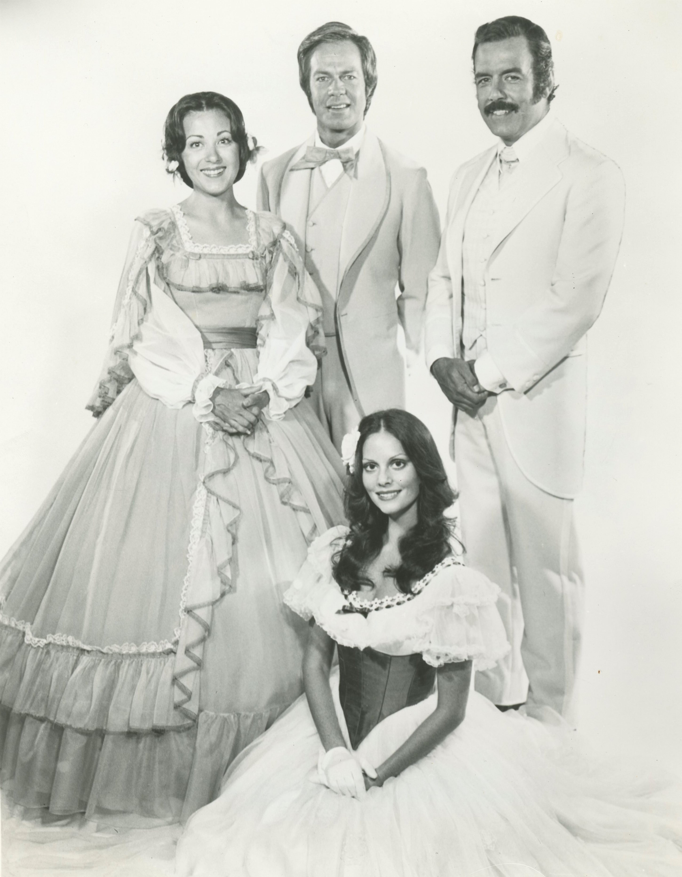 The cast of the stage production of Gone With the Wind, 1973: Udana Power, Terence Monk, Lesley Ann Warren, and Pernell Roberts.