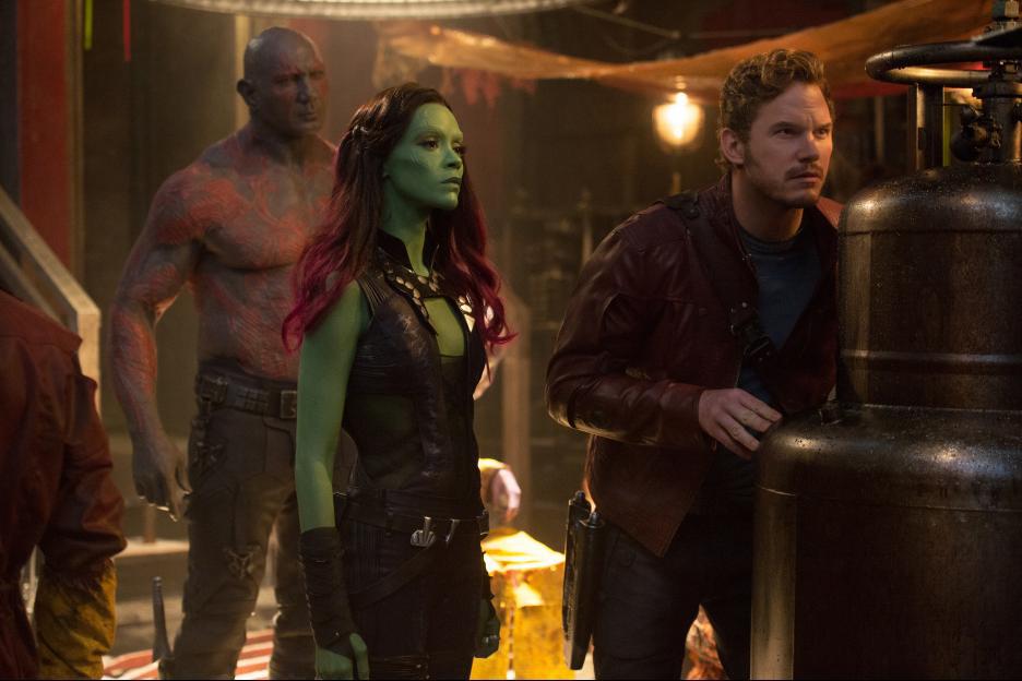 Still of Chris Pratt, Zoe Saldana and Dave Bautista in Galaktikos sergetojai (2014)