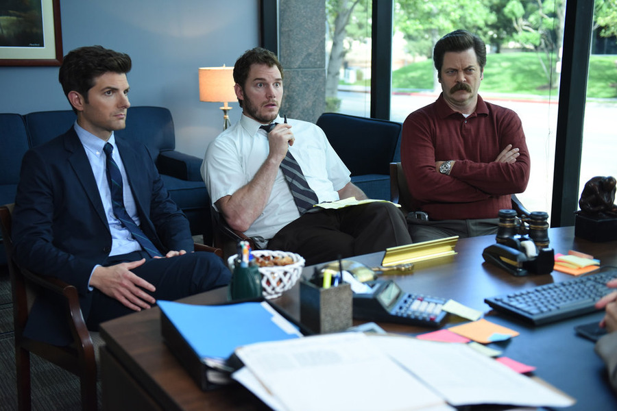 Still of Adam Scott, Nick Offerman and Chris Pratt in Parks and Recreation (2009)