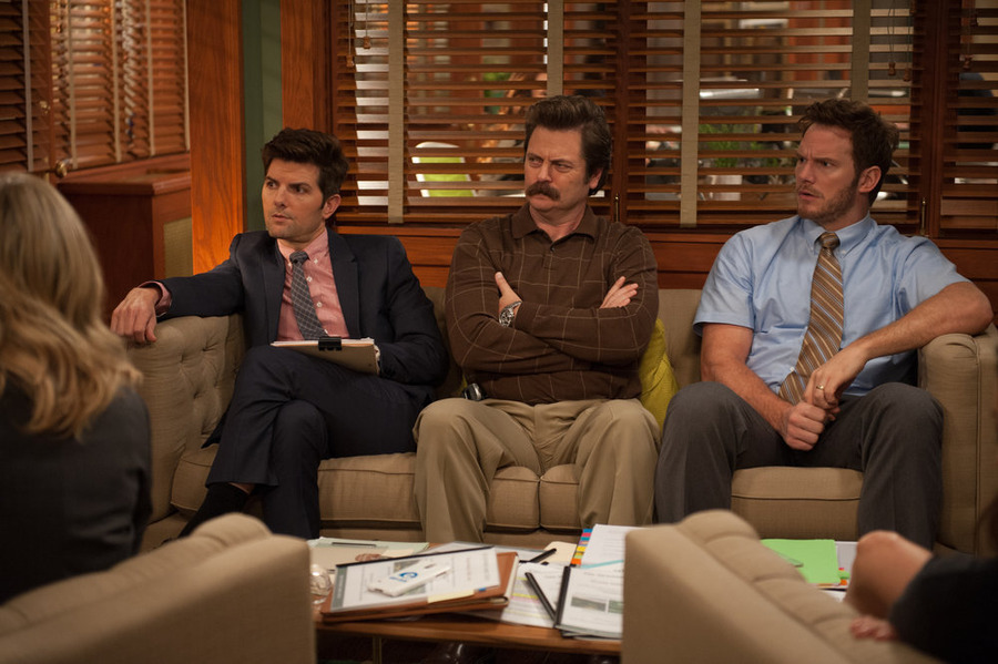 Still of Adam Scott, Nick Offerman and Chris Pratt in Parks and Recreation (2009)