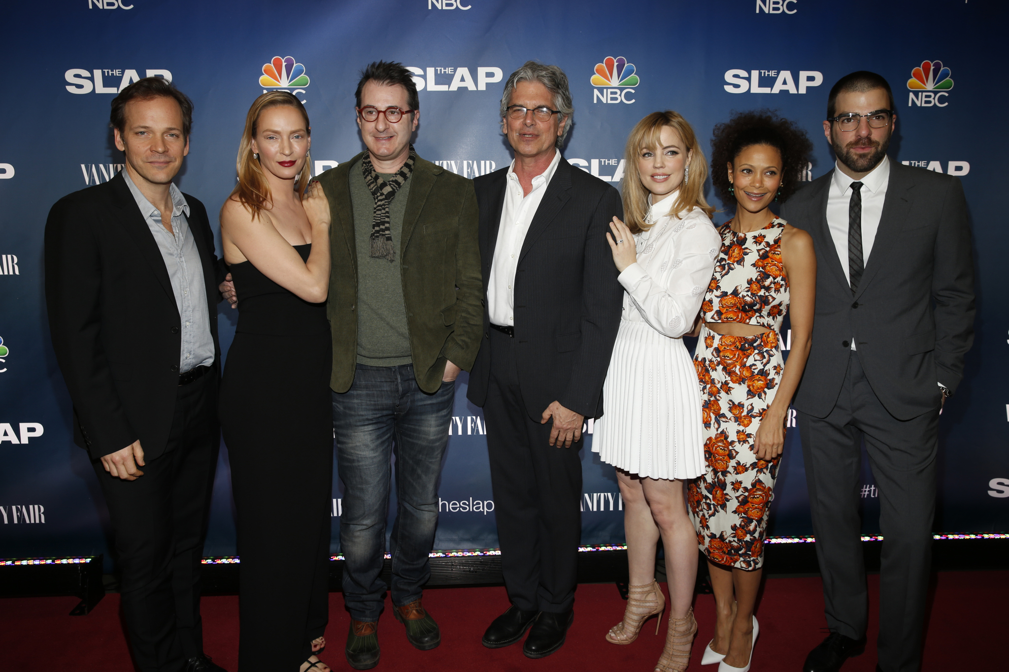 Uma Thurman, Jon Robin Baitz, Melissa George, Thandie Newton, Walter F. Parkes, Zachary Quinto and Peter Sarsgaard at event of The Slap (2015)
