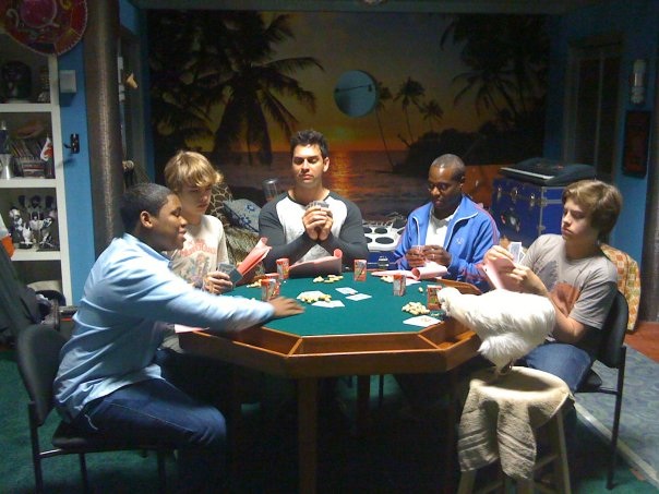 The famous bachelor party poker game with the boys and Dudley during rehearsal.