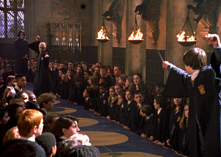 Still of Alan Rickman, Tom Felton and Daniel Radcliffe in Haris Poteris ir paslapciu kambarys (2002)