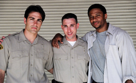 From Left: Michael Bergin, Paul J. Alessi and David Ramsey on the set of Central Booking, Directed by Alex Ranarivelo.