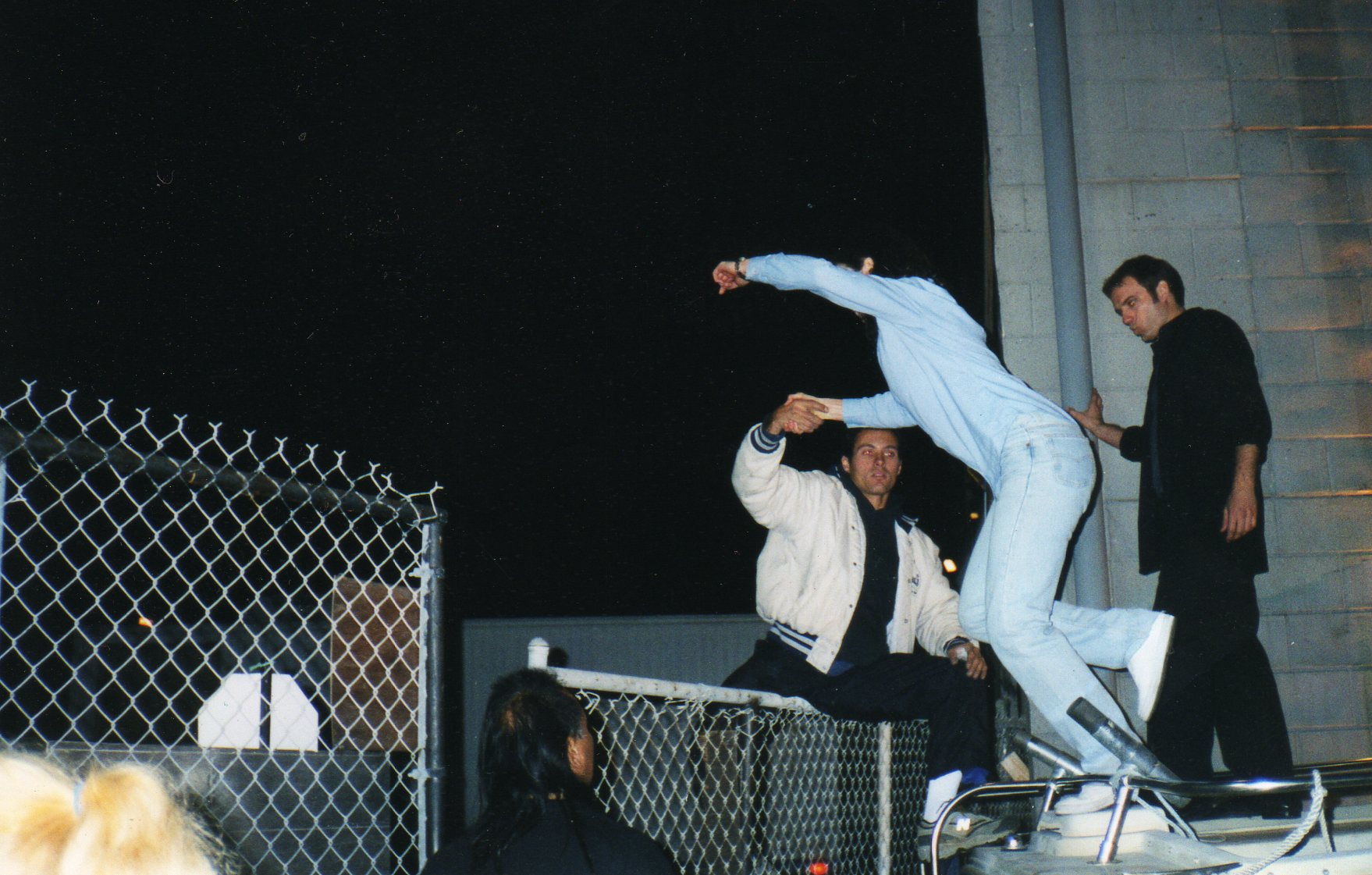 Rehearsing a stunt on the set of 