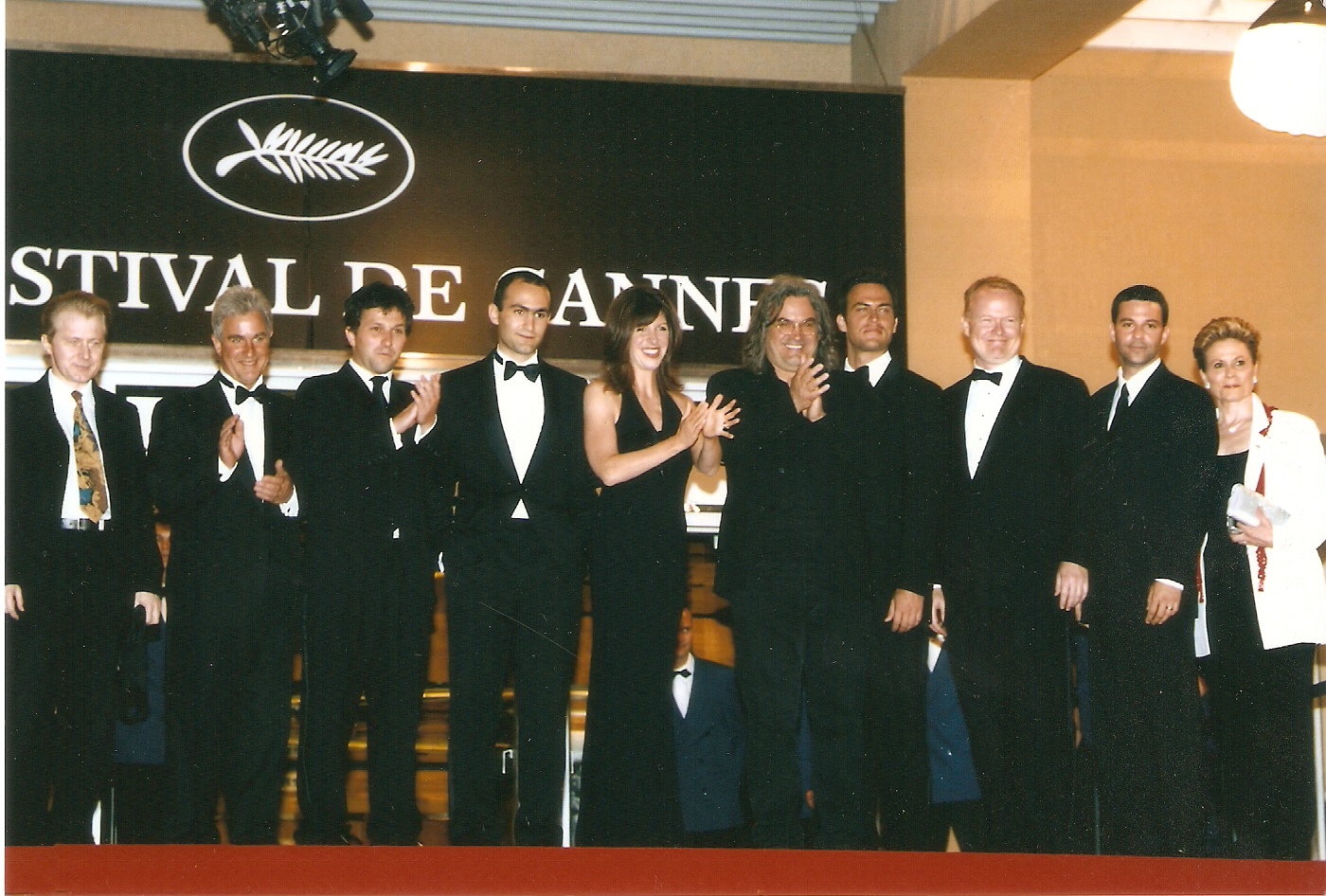 United 93 at Cannes 2006. (From left): Erich Redman, unknown, Daniel Sauli, Khalid Abdalla, Paul Greengrass' wife, Paul Greengrass, Cheyenne Jackson, Christian Clemenson, David Alan Basche, Lorna Dallas
