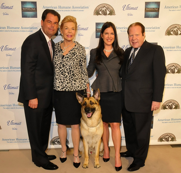 Dancing Paws Party Hosts Kira and Bob Lorsch with American Humane Association $1 Million donor Lois Pope,son Paul David Pope and Rin Tin Tin