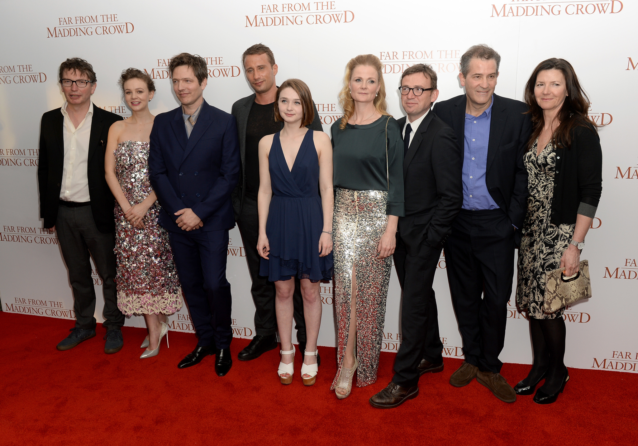 David Nicholls, Andrew Macdonald, Allon Reich, Matthias Schoenaerts, Thomas Vinterberg, Carey Mulligan and Jessica Barden at event of Toli nuo skubancios minios (2015)