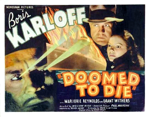 Boris Karloff, Marjorie Reynolds and Grant Withers in Doomed to Die (1940)