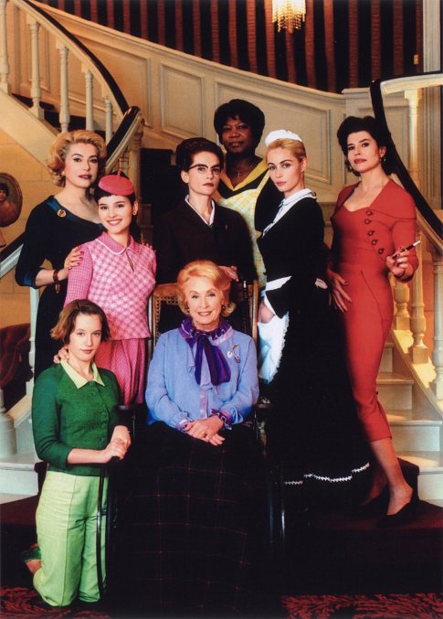 Catherine Deneuve (far left), Virginie Ledoyen (left), Ludivine Sagnier (bottom left), Danielle Darrieux (bottom center), Isabelle Huppert (middle center), Firmine Richard (top center), Emmanuelle Béart (right), and Fanny Ardant (far right).