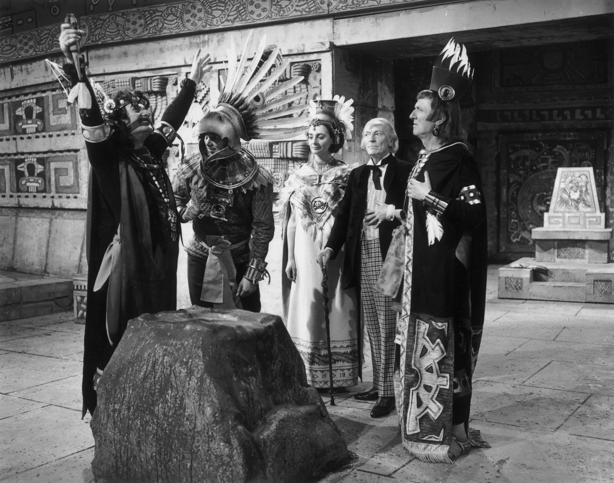 19th May 1964: Dr Who encounters the ancient Aztecs in an episode of the famous TV series. From left to right, the actors are John Ringham, William Russell, Jacqueline Hill, William Hartnell (1908 - 1975) and Keith Pyott.