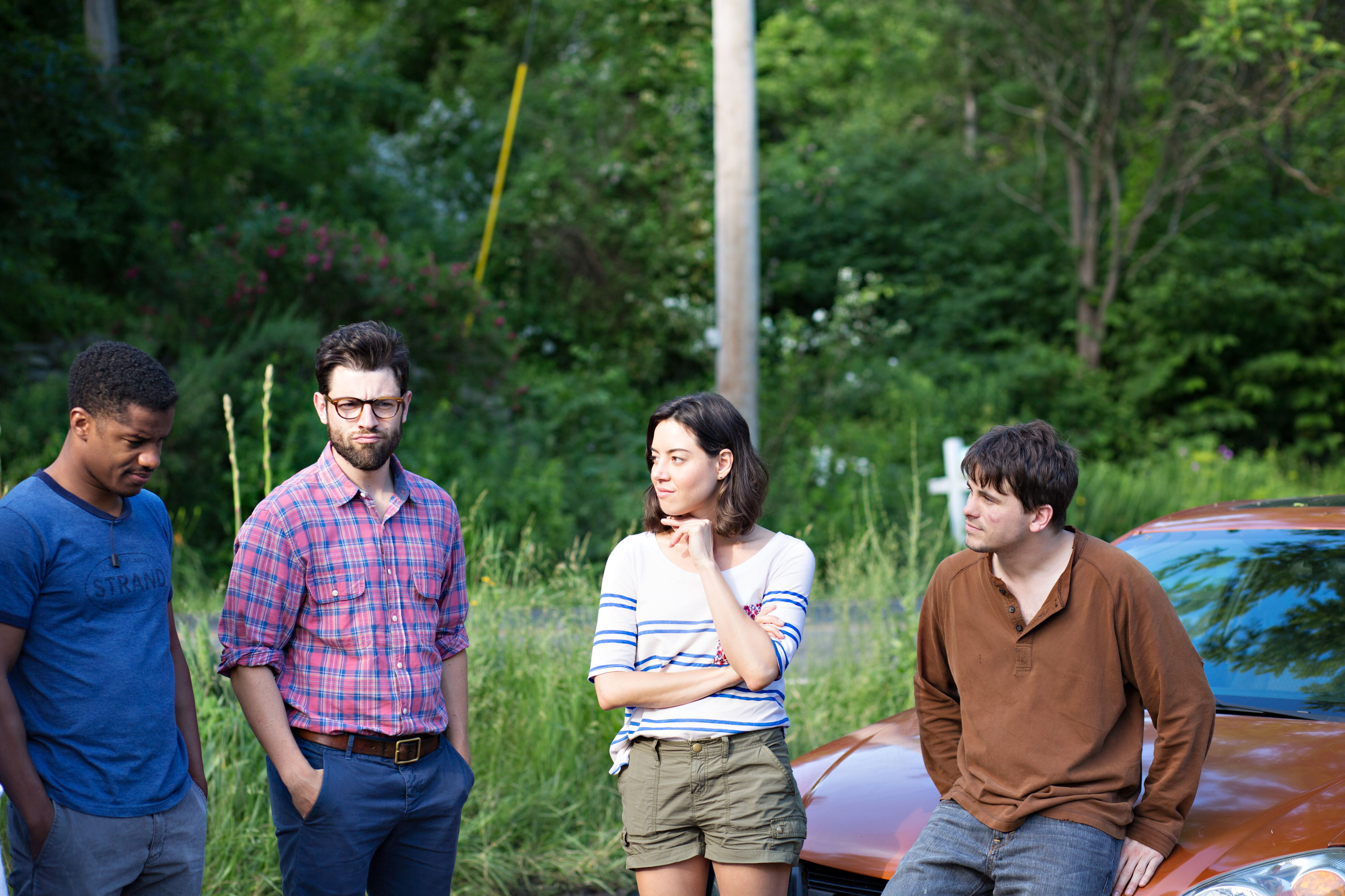 Still of Max Greenfield, Jason Ritter, Nate Parker and Aubrey Plaza in About Alex (2014)
