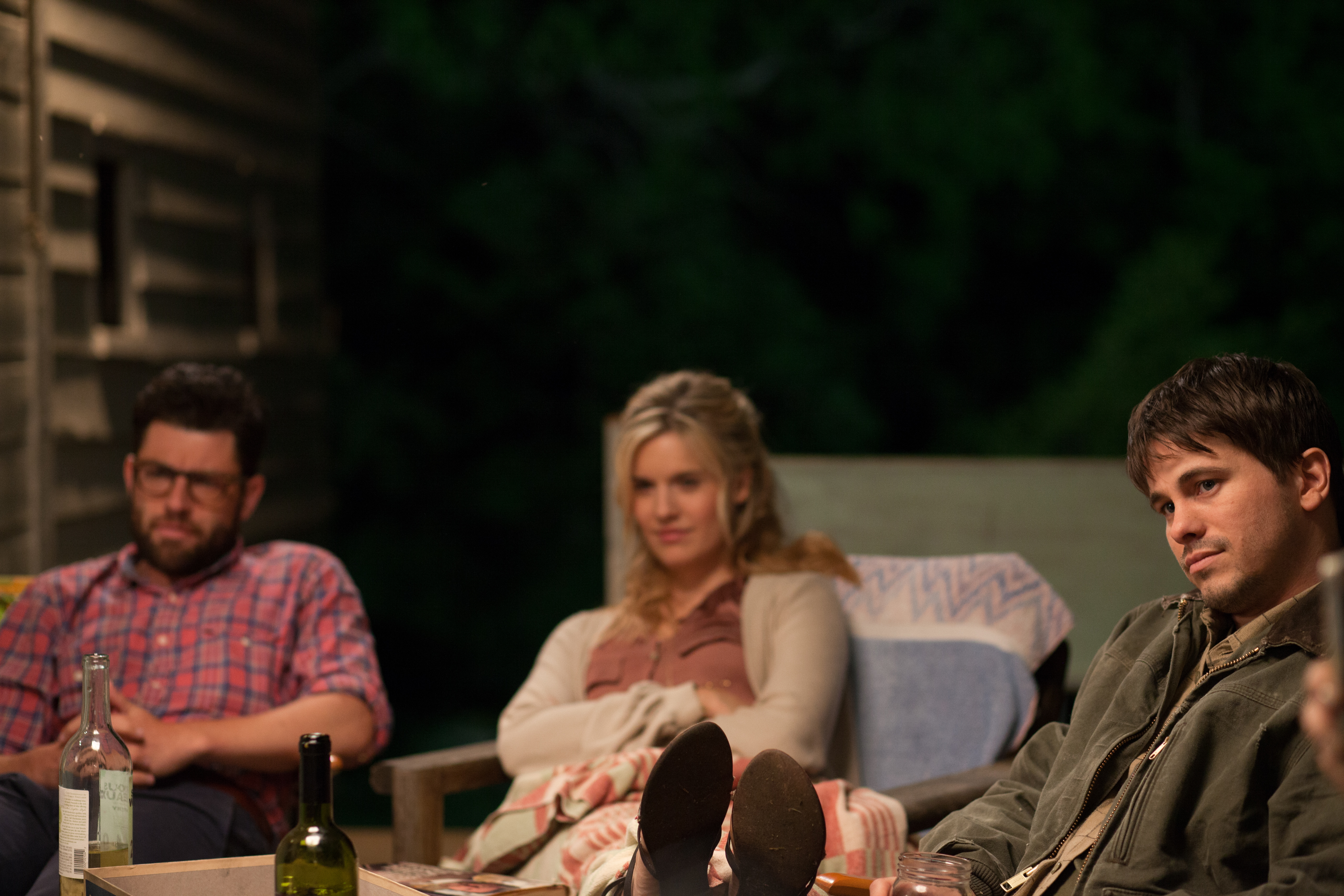 Still of Max Greenfield, Jason Ritter and Maggie Grace in About Alex (2014)