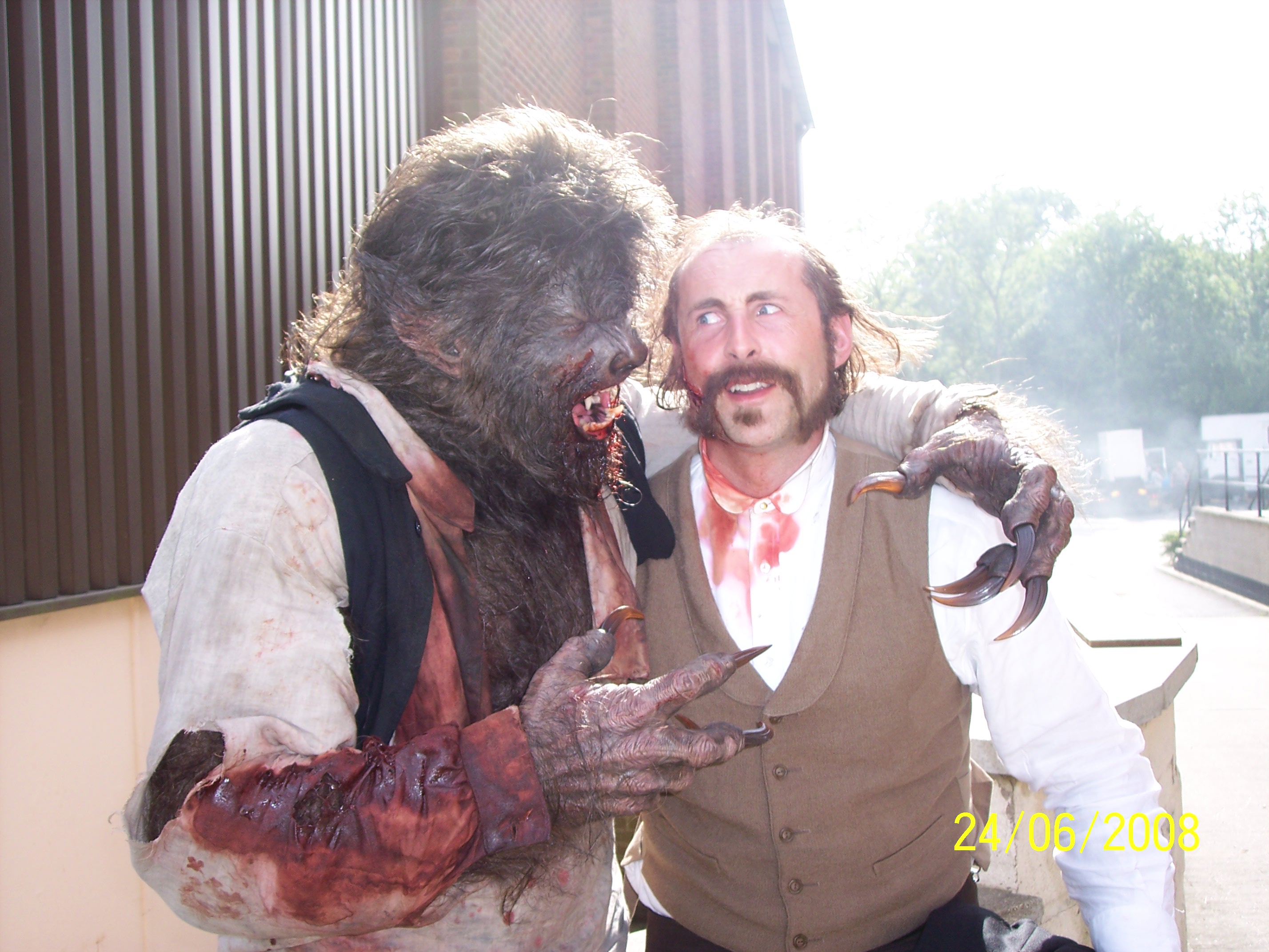 Curtis Rivers fooling around with 'The Wolfman' outside J Stage, Pinewood Studios, 2008.