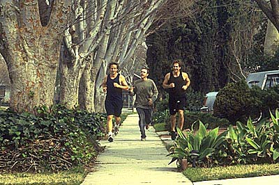 Lester jogs with the Jims