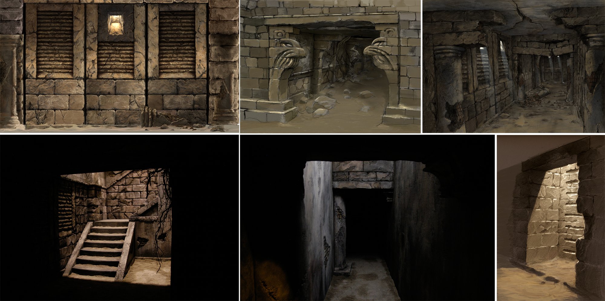 These are designs (top) and photos (lower) of a rotting tomb set. I designed floating ceiling slabs with huge cracks in them that allowed as to skiff dirt and detritus down on our actors, while looking very precarious.