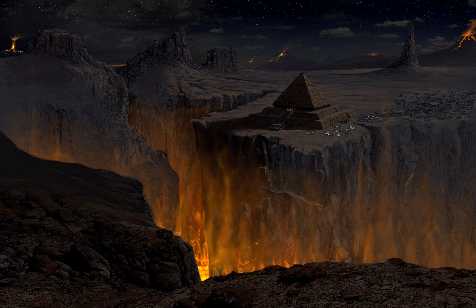 VFX matte of crumbling alien planet with Pyramid.