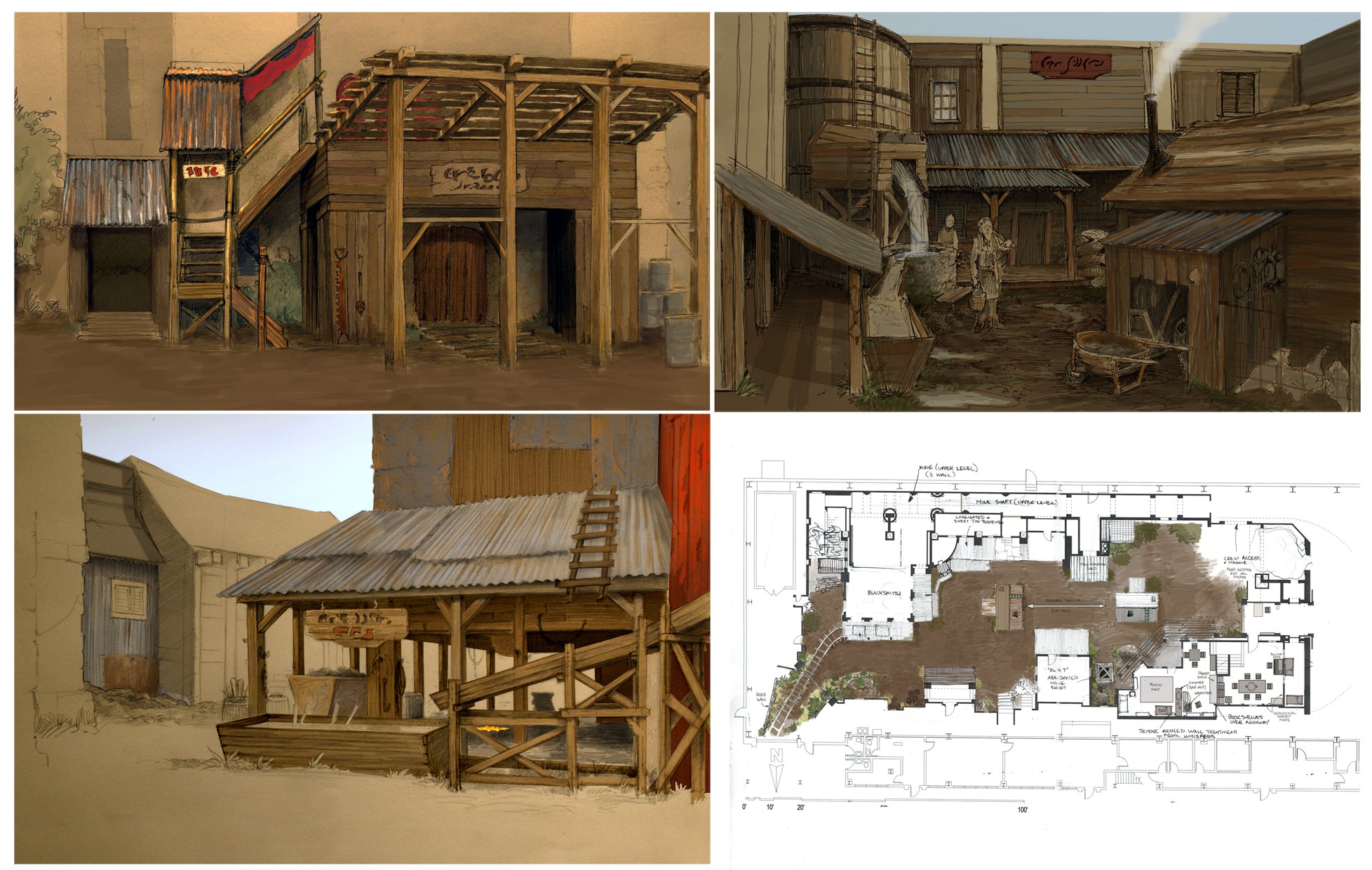 design sketches and plan layout for a rustic mining village in the John Thomas FX Stage