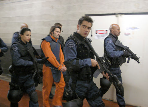 Still of Samuel L. Jackson, Colin Farrell, Olivier Martinez and Michelle Rodriguez in S.W.A.T. (2003)