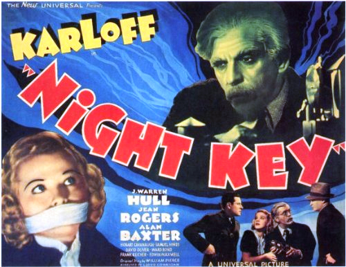 Boris Karloff, Alan Baxter, Warren Hull and Jean Rogers in Night Key (1937)