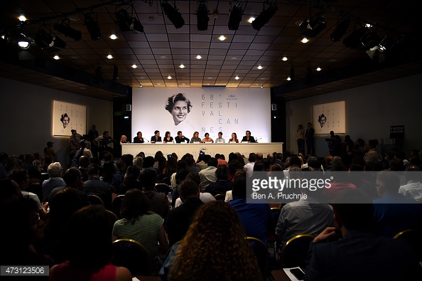 Jean-Pierre Lavoignat, Denis Pineau-Valencienne, Marcia Romano, Benoit Magimel, Catherine Deneuve, Emmanuelle Bercot, Rod Paradot, Sara Forestier, and Francois Kraus attend the press conference for 'La Tete Haute' during the 68th annual Cannes Film Festiv