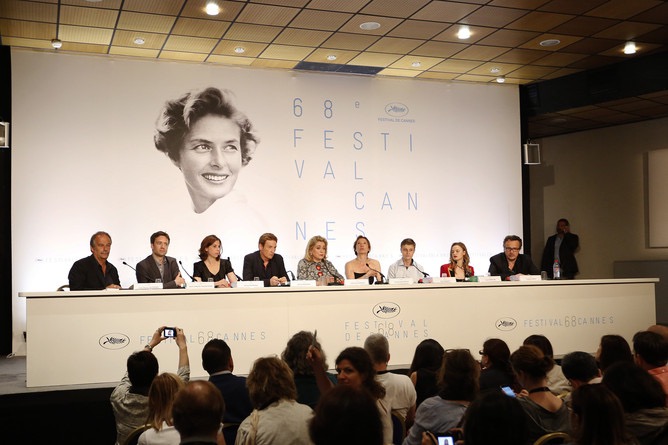 Jean-Pierre Lavoignat, Denis Pineau-Valencienne, Marcia Romano, Benoit Magimel, Catherine Deneuve, Emmanuelle Bercot, Rod Paradot, Sara Forestier, and Francois Kraus attend the press conference for 'La Tete Haute' during the 68th annual Cannes Film Festiv