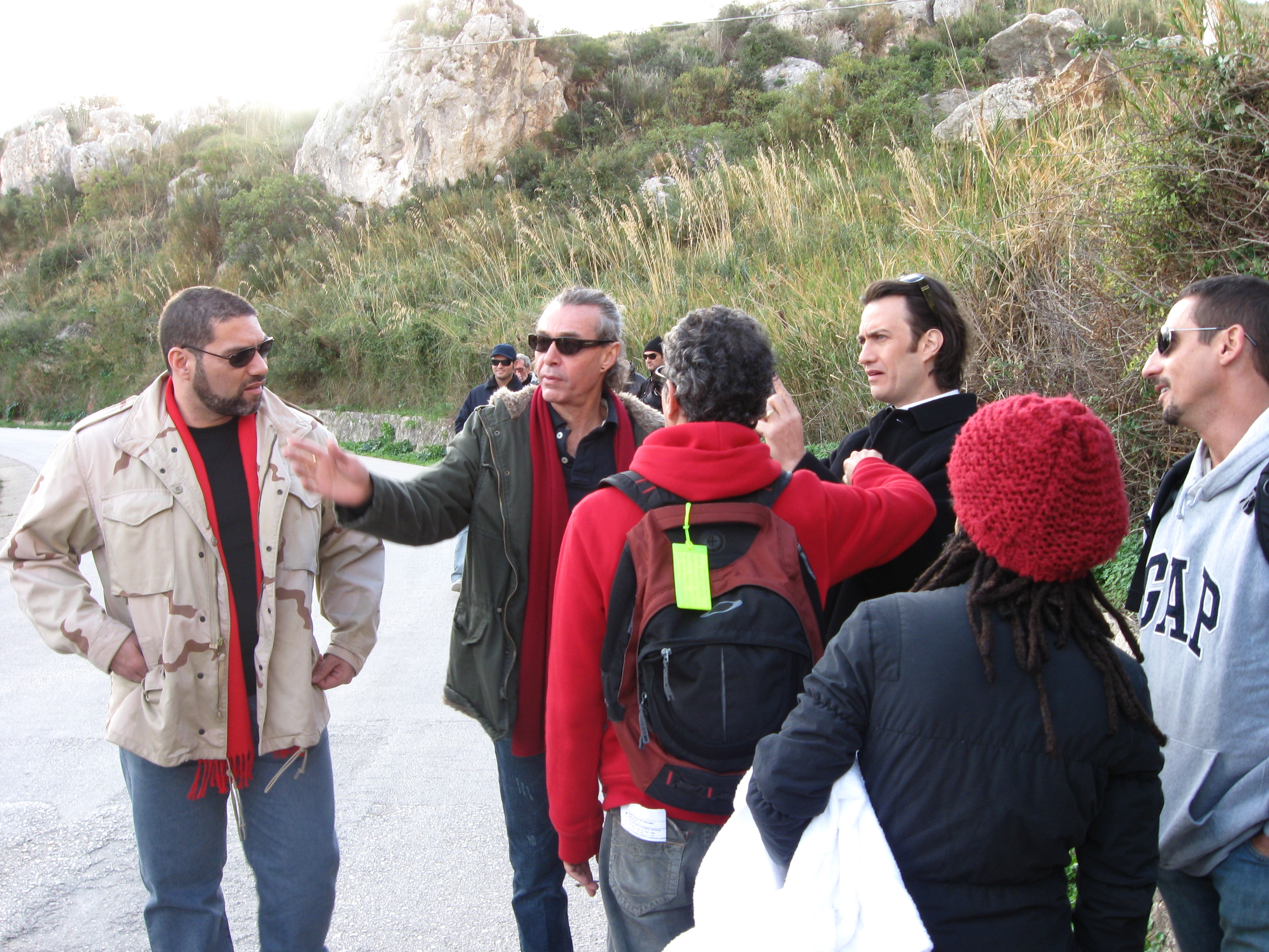 Brazilian Director Ignacio Coqueiro directs actors Marcio Rosario,Grabriel Braga Nunes and Tuca Andrada in Sicilian Location, Tonnara di Scopello for the Brazilian TV Show by Lauro Cesar Muniz.